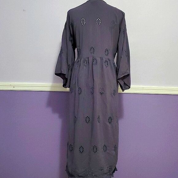 Blue Gray Boho Romantic Eyelet Fitted Waist Longline Duster Cardigan - Picture 7 of 11